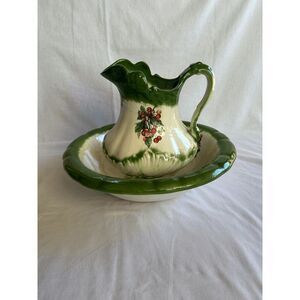 Vintage Iron Stone Wash Bowl/Basin and Vase/Pitcher Set White/Green
